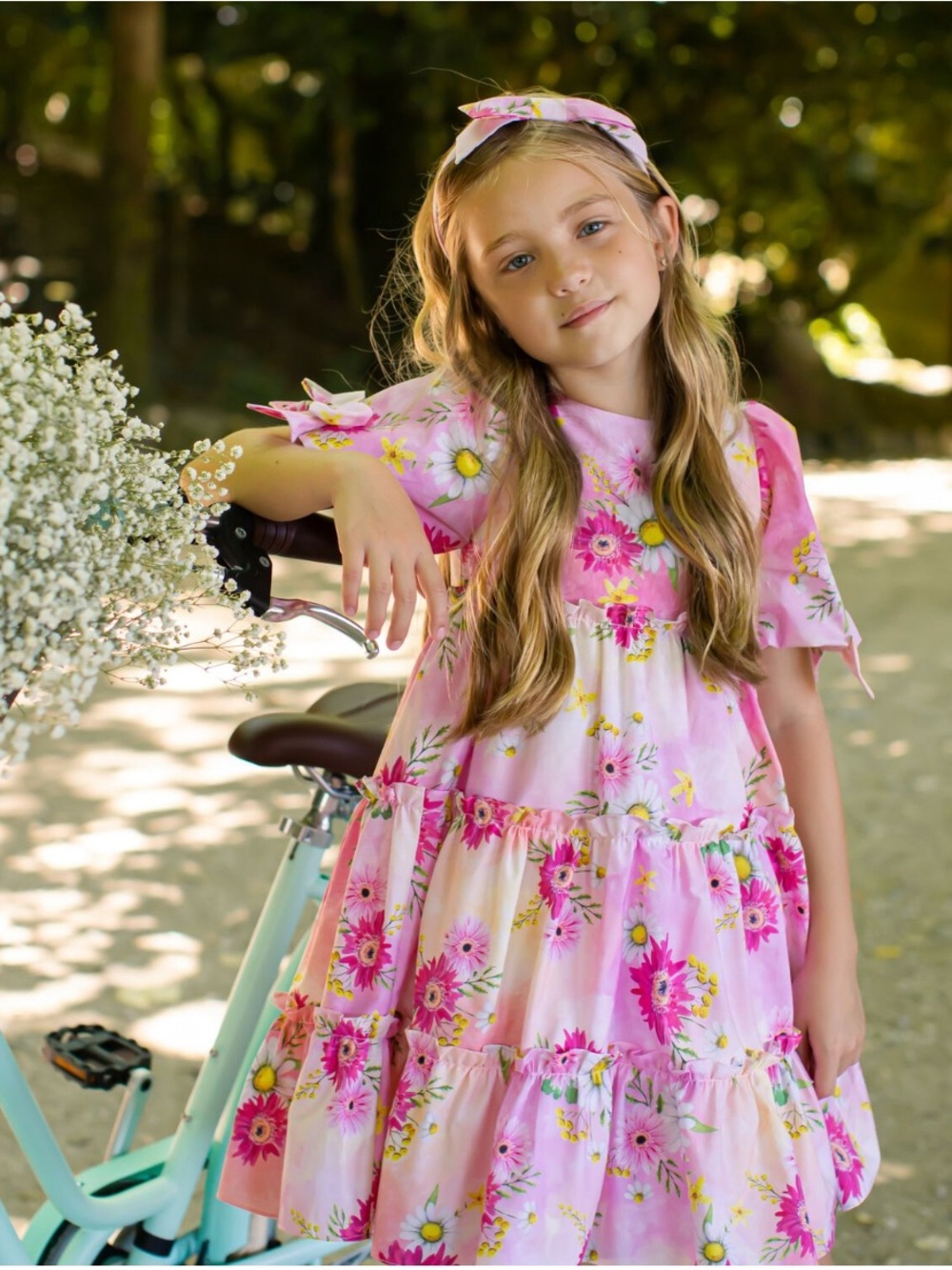 Girls' Pink Floral Tiered Dress with Puff Sleeves